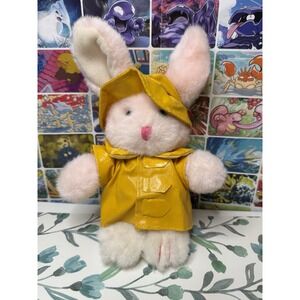 Vintage Commonwealth Pink Bunny Rabbit Plush Yellow Raincoat 10" Easter Toy
